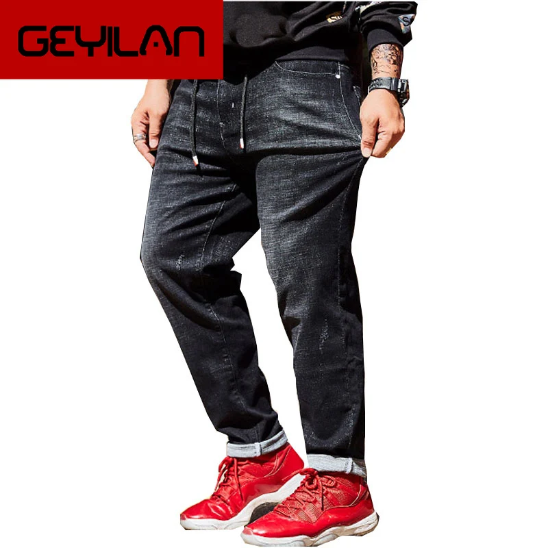 

Brand Large size 46 Men's Stretch jeans Tether Fit straight pants Retro Old Black Denim trousers New Large Pocket Casual pants