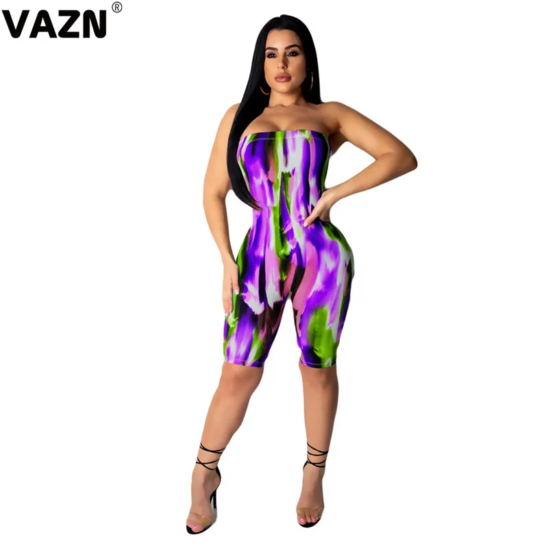 VAZN new design bandage strapless lady print high street women jumpsuit sleeveless short pant playsuits sexy club wind rompers