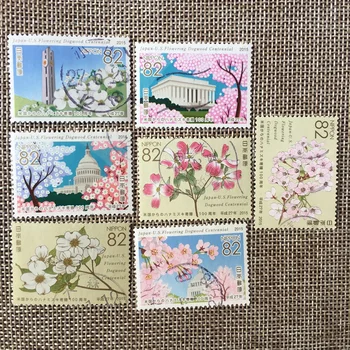

7Pcs/Set 2015 Japan Post Stamps Cherry Blossom To USA for 100 Years Used Post Marked Postage Stamps for Collecting