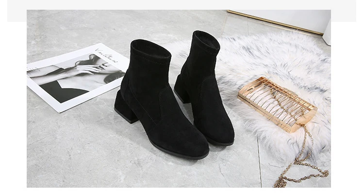 Г.; дизайнерские эластичные ботильоны из флока; женские осенне-зимние плюшевые ботинки «Челси»; botas mujer; короткие Ботинки martin с квадратным носком; тонкие ботинки; botines6