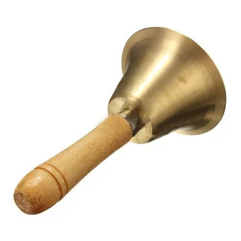 

Solid Brass Wooden Handle School Reception Dinner Wood Shop Hotel Hand Bell Gold