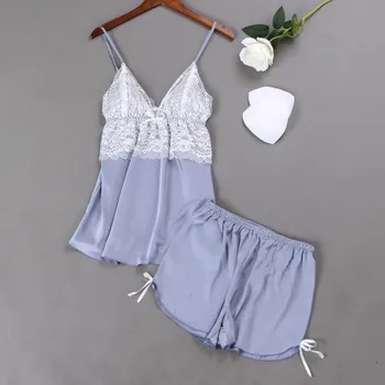 

Casual Strap Top&Shorts Summer Home Clothes Women Pajamas Set Sexy Lace Sleep Set Female Satin 2PCS Sleepwear