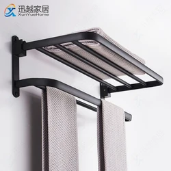 Towel Rack Space Aluminum Shower Holder Bathroom Accessories Folding Wall Organizer Hanger Black Punch-Free Storage Shelf