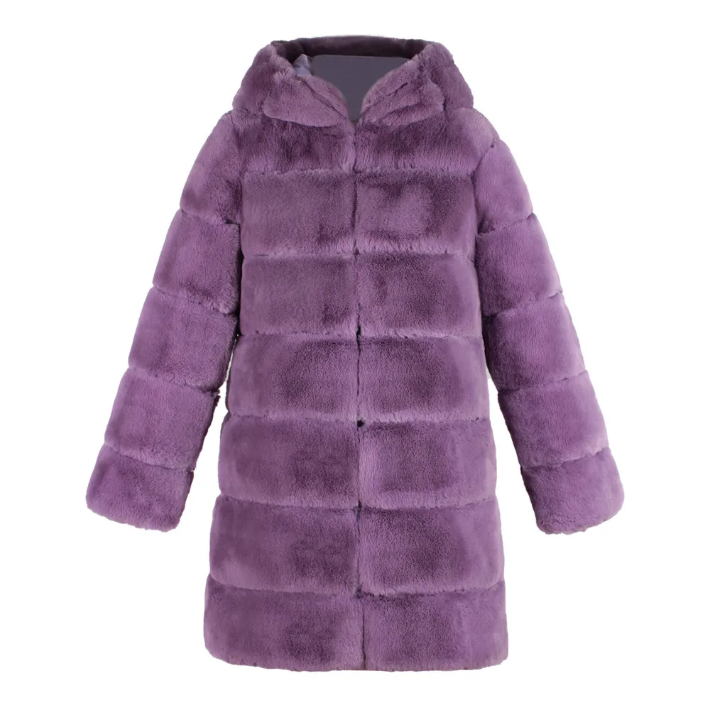 Purple Женское модное роскошное пальто из искусственного меха с капюшоном, осенне-зимнее теплое пальто, короткое плюшевое плотное однотонное теплое пальто, меховое пальто - Цвет: Purple