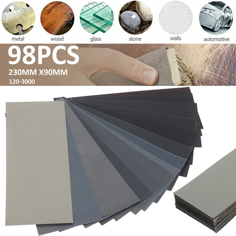 

98pcs Wet Dry Sandpaper 120-3000 Grits Abrasive Paper For Wood Furniture Finishing Dry Wet Sandpaper Sand Paper Sheets Set