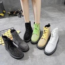 Женская обувь; сезон весна-осень; винтажные ботильоны с круглым носком в британском стиле; повседневные женские ботинки с украшением в виде кристаллов. OULYYYOGO