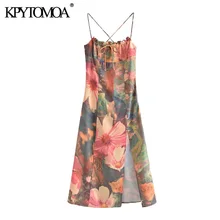 KPYTOMOA-vestido Midi con estampado Floral para Mujer, elegante vestido Vintage con abertura frontal, Espalda descubierta, lazo atado, tirantes finos