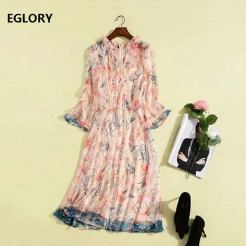 

New Korean Fashion Style Dress 2020 Summer Women Sweet Pink Floral Print Elastic Waist 3/4 Sleeve Knee-Length Casual Dress Sun