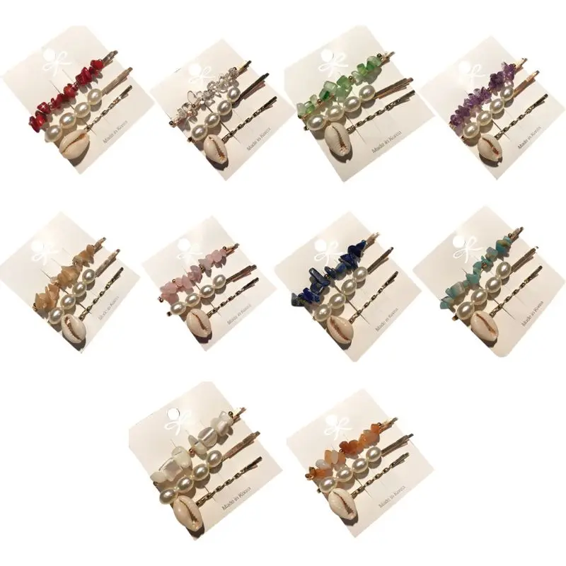 

3Pcs/Set Baroque Ocean Style Women Hair Clip Candy Color Irregular Resin Stone Hairpin Seashell Faux Pearl Beaded Hair Accessory