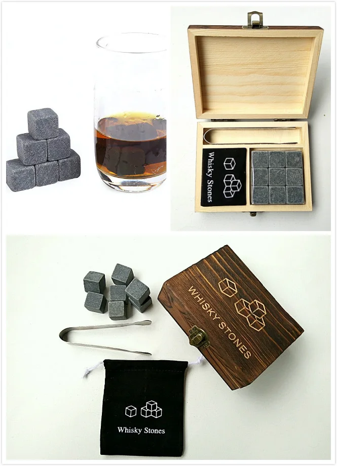 Whisky Stone with Wooden Box& Velvet Bag Whiskey Coolers Rocks Stones Cube Stone 9Pcs/lot whiskey stones
