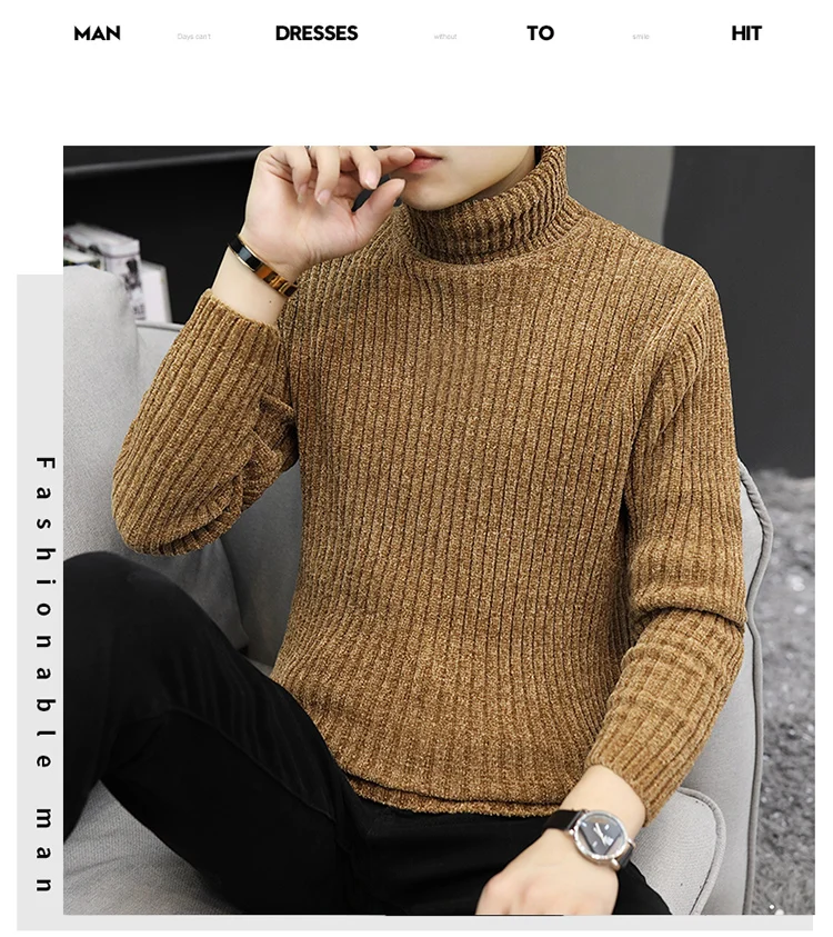 High Quality Warm Turtleneck Sweater Men Fashion Solid Knitted Mens Sweaters Casual Slim Pullover Male Double Collar Tops