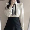 Ruffled Autumn Spring Basic Office Lady Work Wear Women Single Breasted Button Solid Peter Pan Collar Top White Shirts Blouses 5