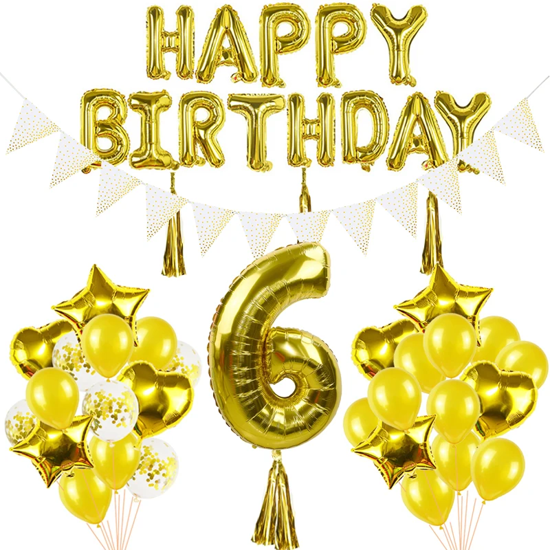 Party Disposable Tableware Set Gold Paper Cup Plate Straws Napkin Number Balloons Kids Birthday Supplies Golden Party Decoration