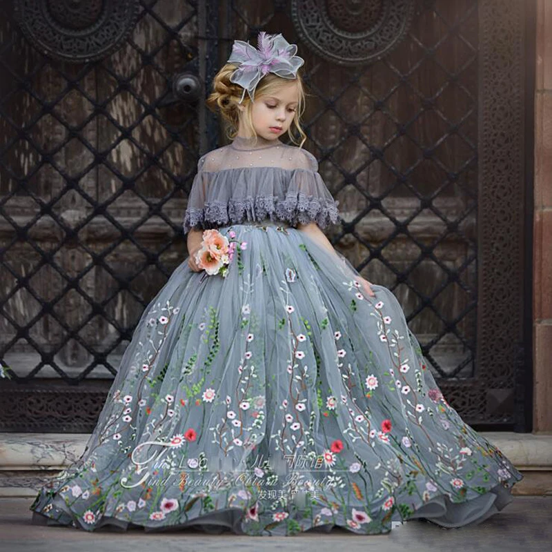 picture color Милое фатиновое бальное платье, платье с цветочным узором для девочек кружевное детское нарядное платье с вышивкой и высоким горлом праздничное платье в пол для девочек на день рождения - Цвет: picture color