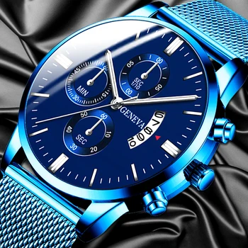 

2020 Men's Fashion Business Calendar Watches Luxury Blue Stainless Steel Mesh Belt Analog Quartz Watch relogio masculino