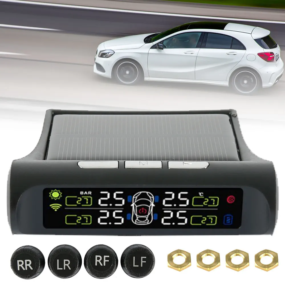 Умный автомобиль TPMS система контроля давления в шинах солнечной энергии цифровой ЖК-дисплей Автоматическая охранная сигнализация с беспроводным 4 датчиком