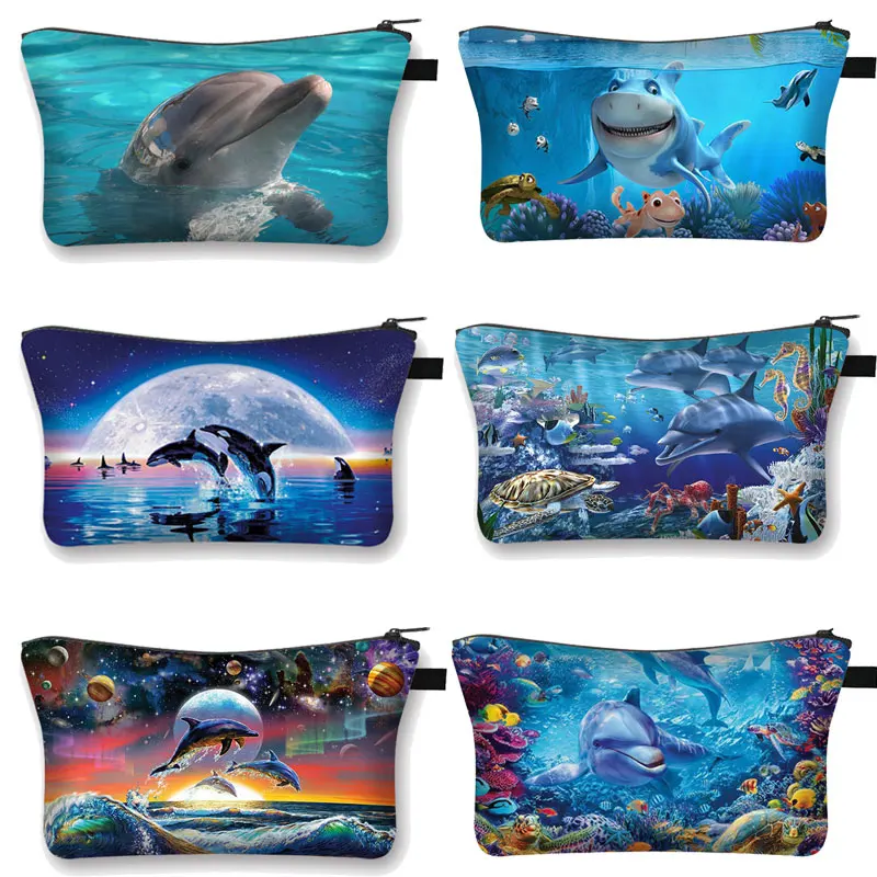 Dolphin-bolsa de cosméticos estampada para mujer, Mini bolso de mano de tiburón/Delfín, estuche de cosméticos, bolsa de almacenamiento de viaje de moda informal