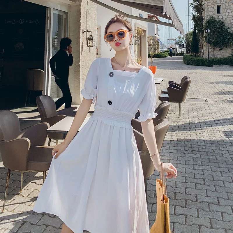 

Photo Shoot Main Push INS Sense of Design Contrast Color Buttons Elegant Ol White Pleated High-waisted Square Collar A- line Fai