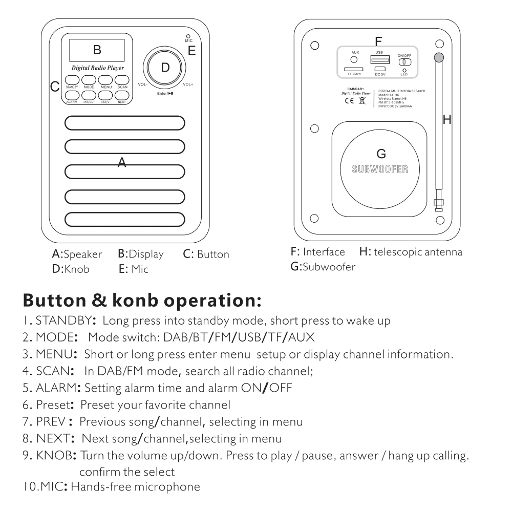 H6 DAB/DAB + цифровое радио беспроводные Bluetooth колонки MP3 плеер AUX TF U диск для чтения FM