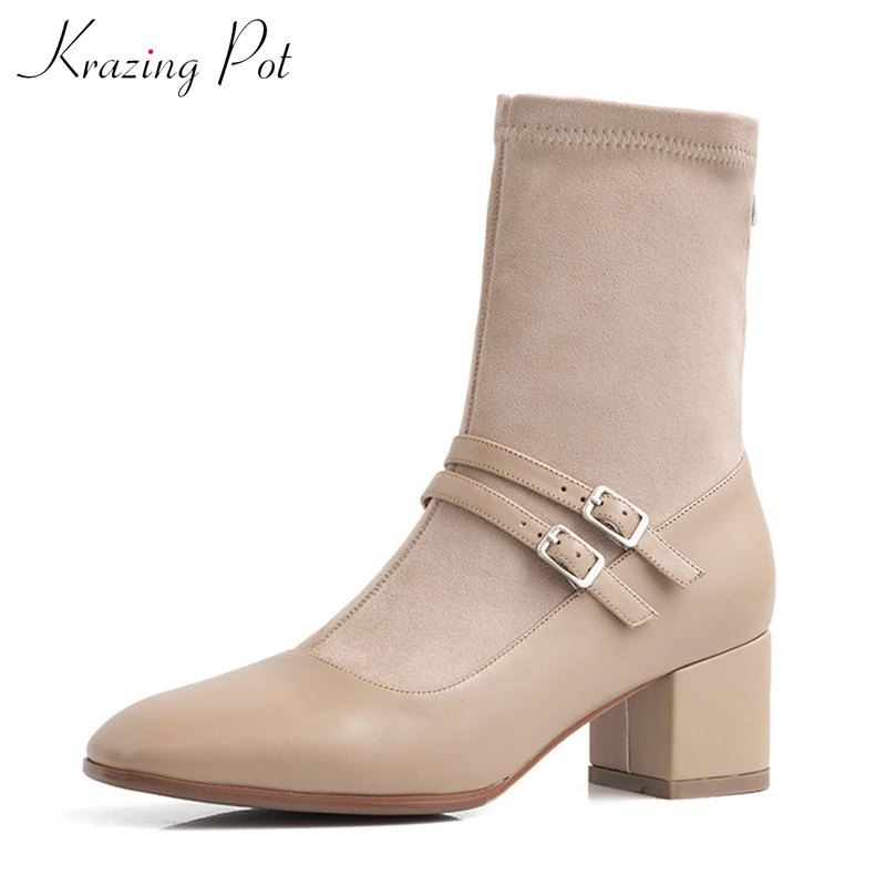 Krazing pot/элегантные женские ботинки mary janes; Зимние Теплые ботильоны из флока с круглым носком на высоком каблуке с пряжкой и ремешками; L9f1