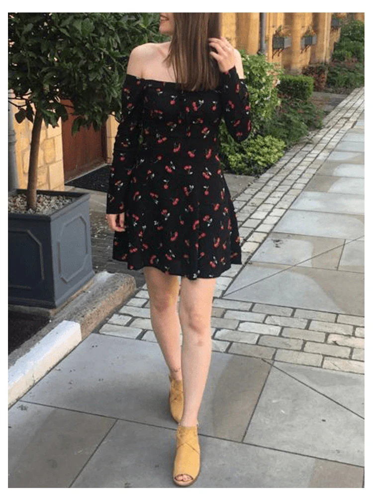 Dotfashion, черное платье с квадратным вырезом и принтом вишни, женская одежда, элегантное осеннее ТРАПЕЦИЕВИДНОЕ весеннее мини-платье с квадратным вырезом