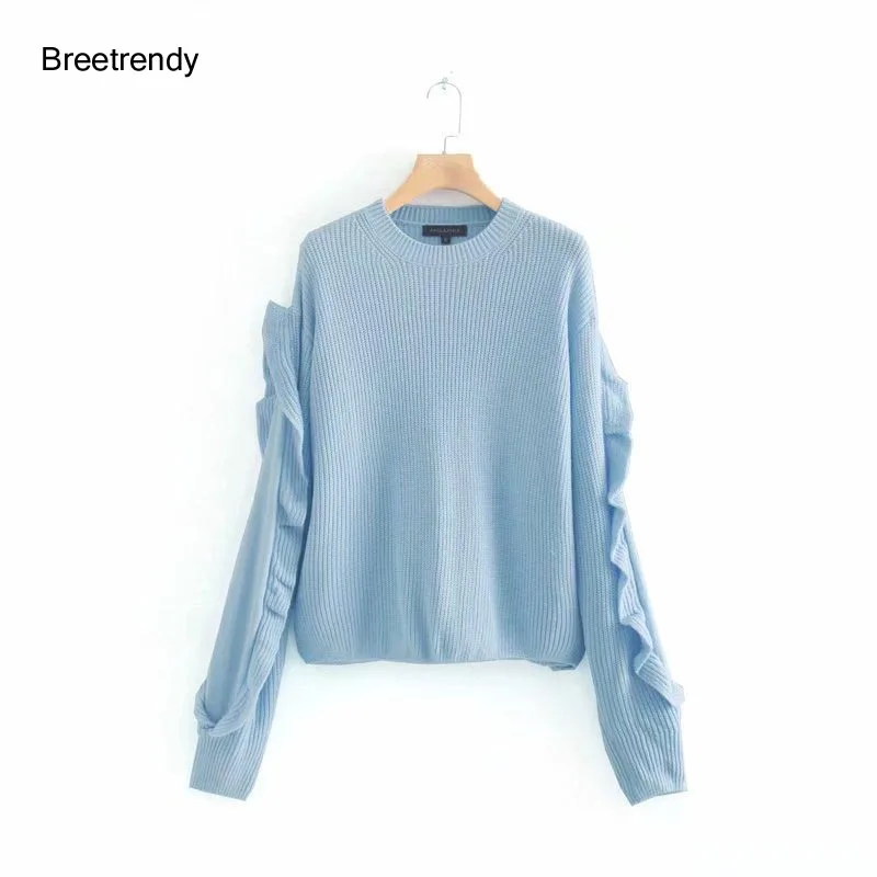 

MY954 Autumn Women European Design O Neck Ruffles Sleeve Pullover Sweater Ladies Sweet Blue Sweaters