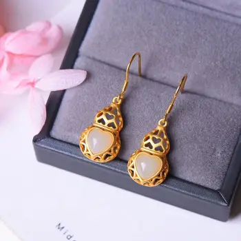 

Natural Hetian white jade gourd hollow heart-shaped Earrings unique Chinese style antique gold craft light luxury female jewelry