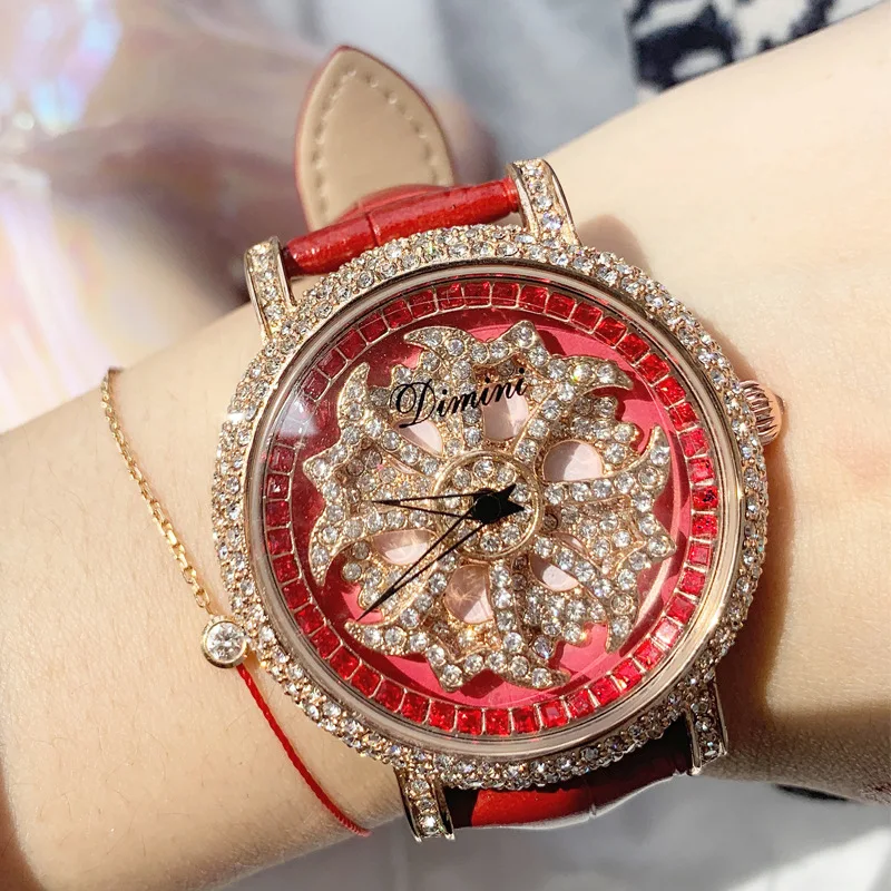 

New Style Trend Fashion And Personality Fortune Diamond Set Rose Gold Ladies' Watch Bright Red Leather Watch Strap