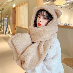 Thick Warm Beanie Hats For Women Girls Cartoon Bear Scarf Bloves Set Winter Female Solid Plush Caps Hat Cute Head Hood Cap Mujer