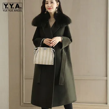 

Winter Ladies Long Coat Woolen Bleads Women Sashes Belted Fur Collar Overcoat Fashion Women Outwear Loose Fit Army Green Coat