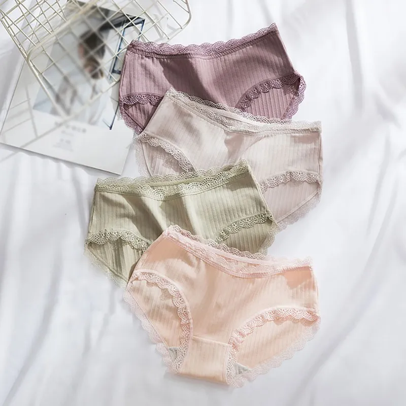 

Sexy Lace Decoration Women's Solid Briefs Simple Beautiful Cotton Antibacterial Middle Rise Panties