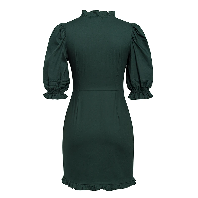 NLW винтажный буф рукав зеленое платье женское с v-образным вырезом гофрированное облегающее мини платье осень зима элегантное тонкое платье Vestidos