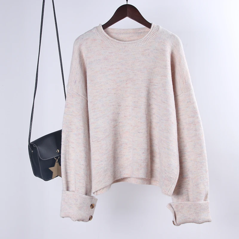 Pink Shellsuning кашемировый свитер для женщин, Рождественский однотонный теплый пуловер на пуговицах, вязаный свитер с круглым вырезом, большой размер, базовый женский джемпер, Топ - Цвет: Pink