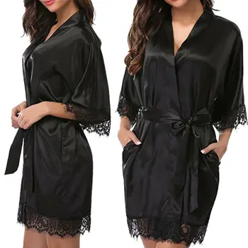 

Womens plain Silk Satin Robes Ladies Short Sleeve Soft Lace Bridal Wedding Bridesmaid Bride Gown bathrobe Casual Homewear