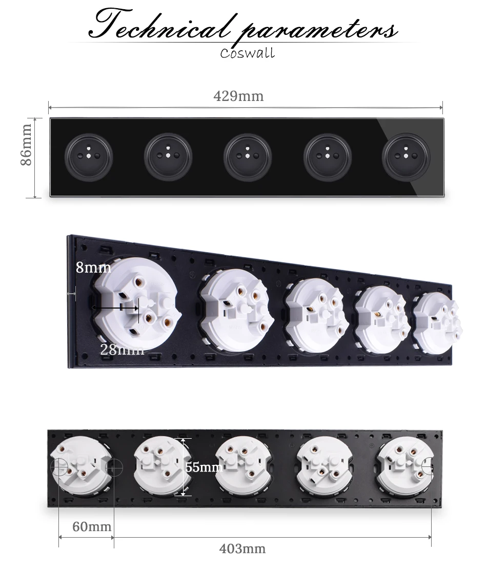 Coswall панель из закаленного стекла 16А 5 комплектов, французская стандартная настенная розетка, заземленная с защитным замком для детей