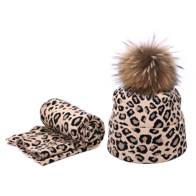 Leopard Printed Beanie Hats Scarf Set With Real Fox Pompon For Women Winter Warm Thick Knitted Caps Fashion Lady Beanies 2 Piece - Color: Y