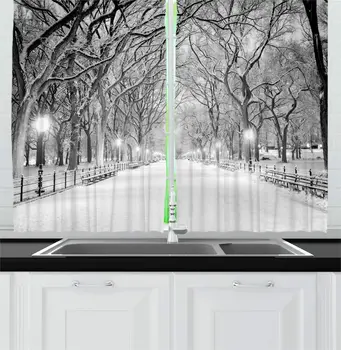 

White Black Winter Kitchen Curtains View Central Park Winter Snowy Trees The Walkway Digital Art Print for Kitchen Cafe Decor