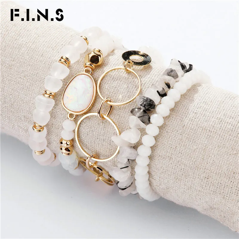 

F.I.N.S 5 Pcs/Set Charm Bracelets Set for Women Stackable Natural Stone Beaded Strand Bracelet Gold Color Circle Layered Bangle