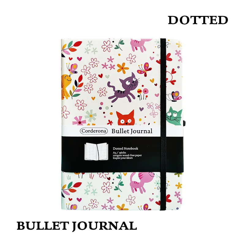 

Cats Dot Grid Hard Cover A5 PU Bullet Notebook Elastic Band Travel Dotted Journal Bujo Support Dropshipping