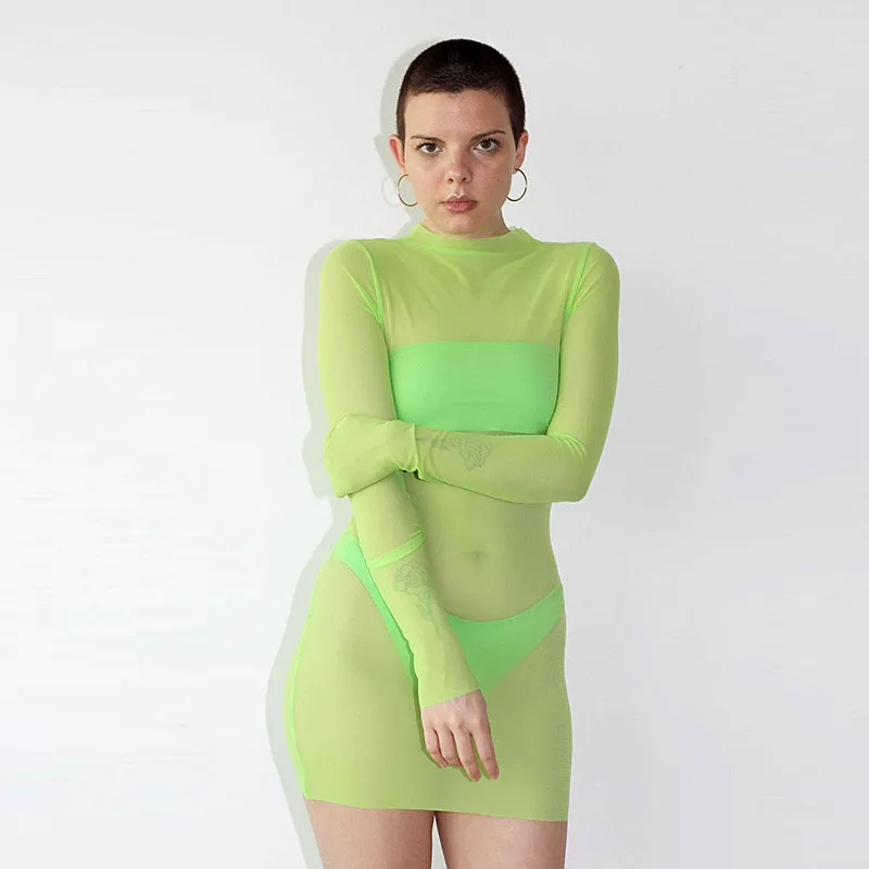 Сексуальный, женский, вязаный рыболовная сеть пляжный купальник мини-платье бикини с прозрачным купальником пляжное платье - Цвет: Зеленый