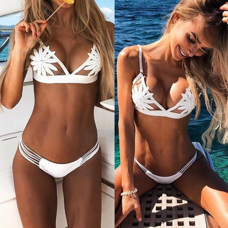 

Sexy Bikinis Set Flower Design Lace Hollow Woven Swimsuit Mini Bikini Bathing Suit Push Up Bikini Beachwear bikinis 2019 mujer