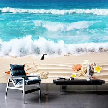 

Custom 3D Photo Wallpaper Blue Seaside Sandy Beach Spray Starfish Shell Mural Living Room Bedroom Bathroom Waterproof Wall Paper