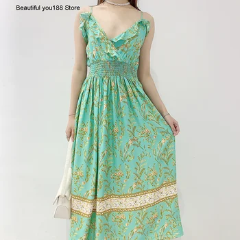 

green modern summer French sexy floral flounced deep V-neck suspender dress elegant long dress