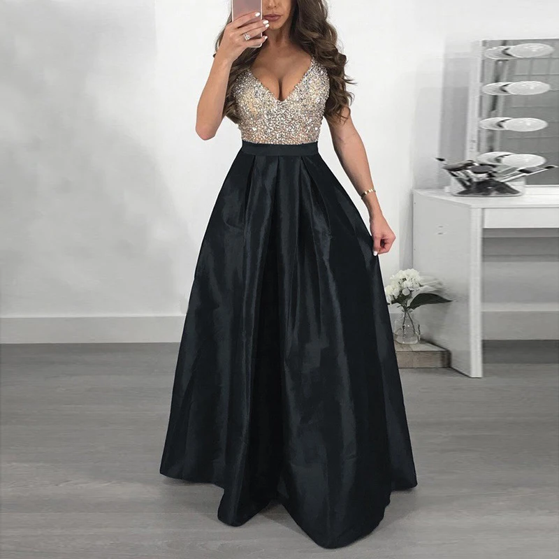 Long Dresses Summer Sexy Women Elegant Party Maxi Dress Sleeveless V Neck Sequin A Line Dress Vestidos Female