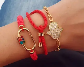 

CZ Paved Gold Oval Hamsa Hand Lock Clasps Connector Red Color Polymer Clay Disc Heishi Beads Elastic String Bracelet Jewelry
