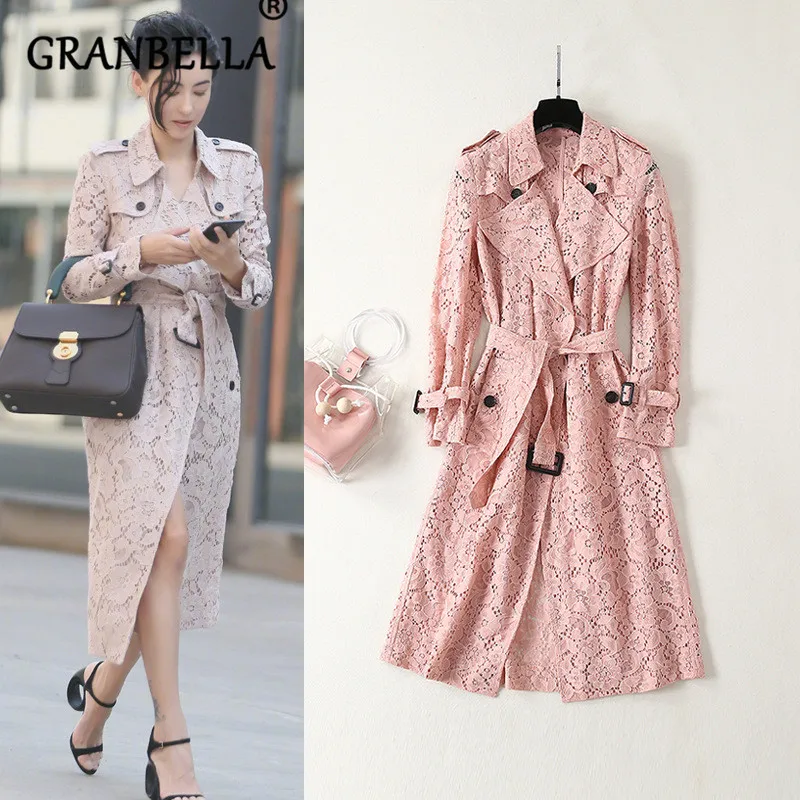 

2019 Spring Autumn Women's Blouse Over The Knee Windbreaker In The Long Trench Coat Wild Slim Lace Hollow Coats
