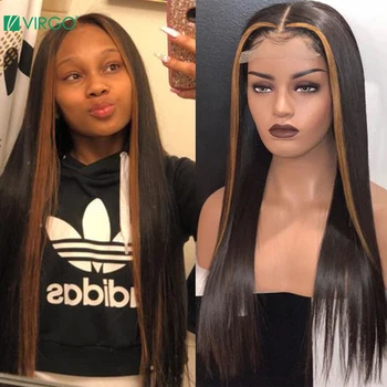 

Virgo 13x4 Straight Lace Front Wig 1B Brown / 99J Honey Blonde Highlight Colored Hair Lace Front Human Hair Wigs For Women 150%