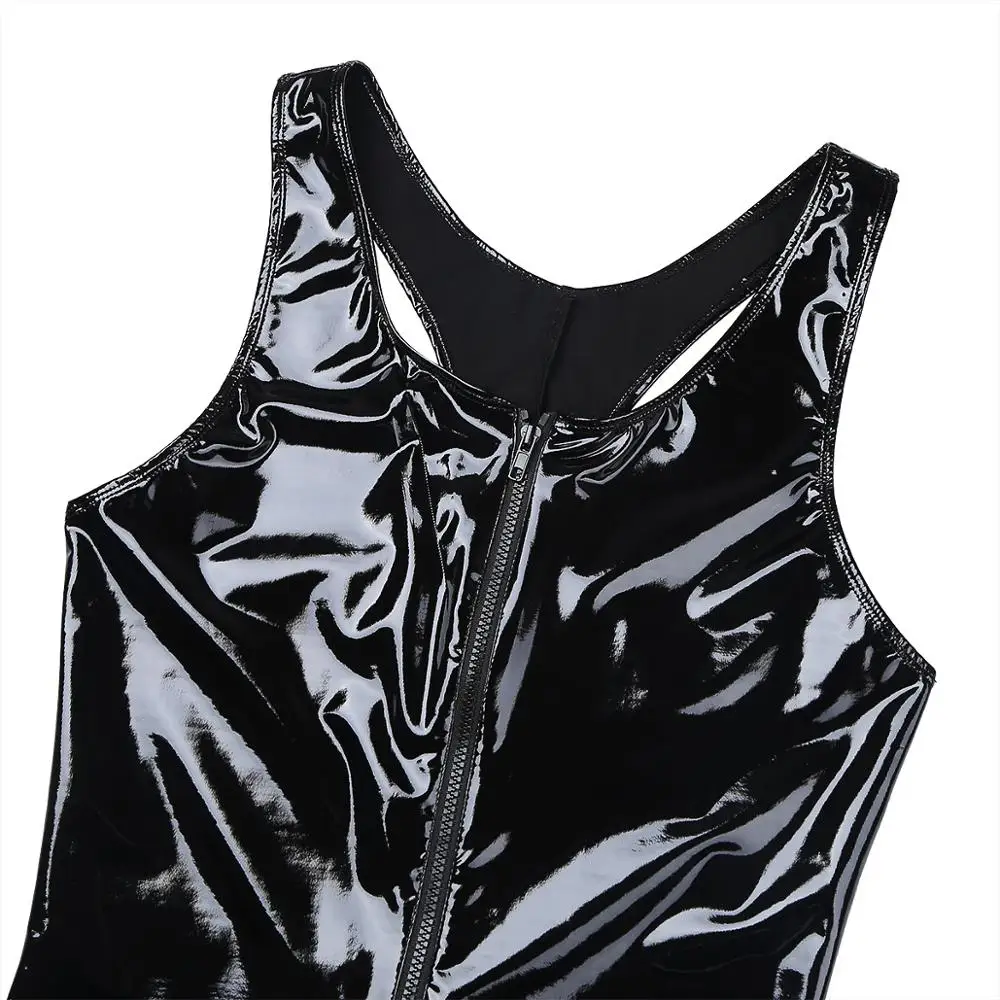 Men Underwear Mens Sissy Latex Open Crotch Catsuit Wetlook PVC Leather One-Piece Teddy Lingerie Erotic Zipper Crotchless Leotard Gay Clubwear