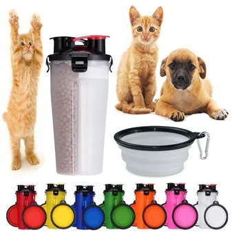 

2 in 1 Pet Water Bottle Food Container With Folding Silicone Pet Bowl Outdoor Travel Dog Cat Feeder Cup