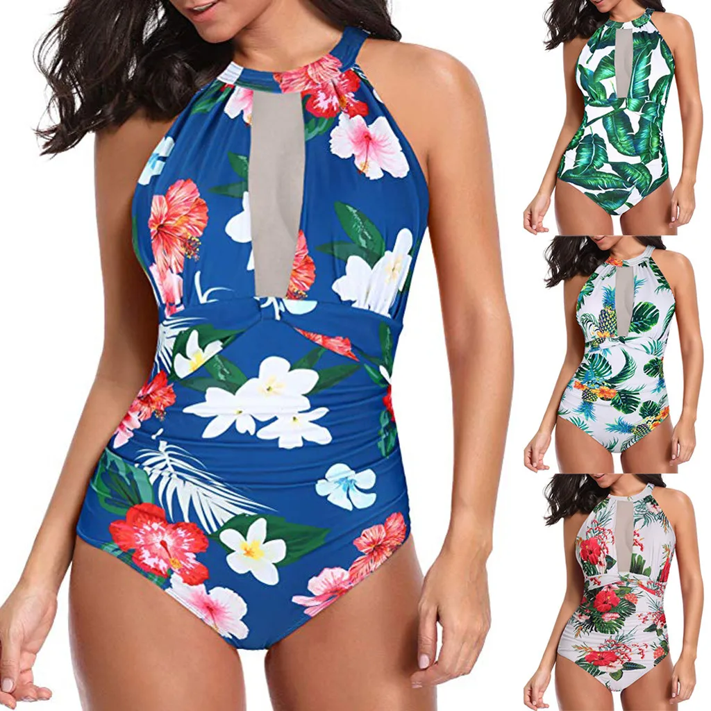 Женский слитный купальник с высокой горловиной и v-образным вырезом Танкини